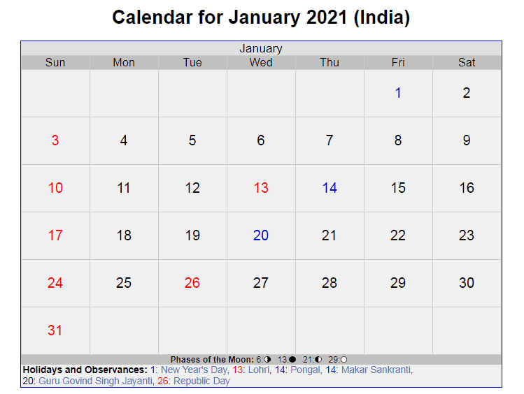 january 2021 indian holidays calendar