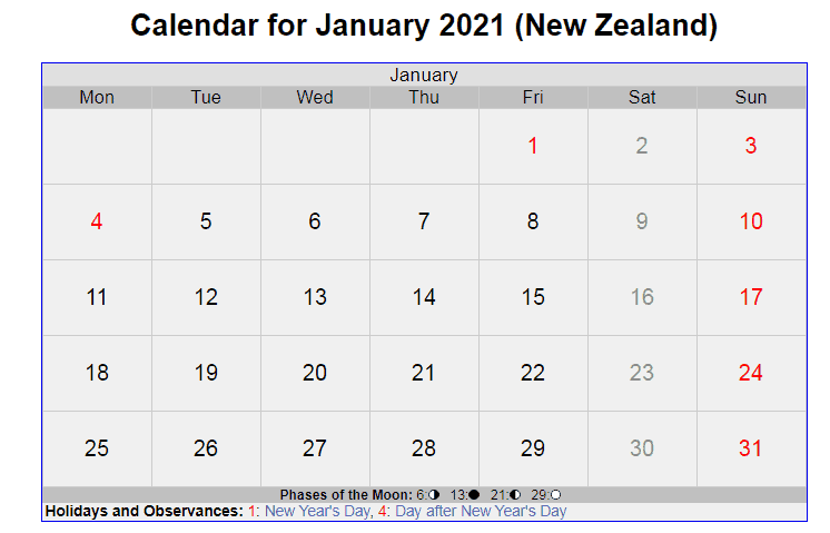 january 2021 new zealand holidays Calendar