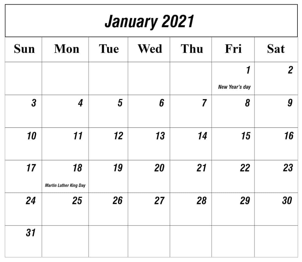 january holidays Calendar 2021
