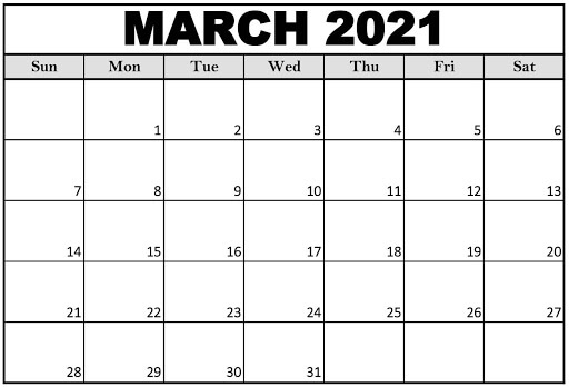 Blank March 2021 Calendar Printable