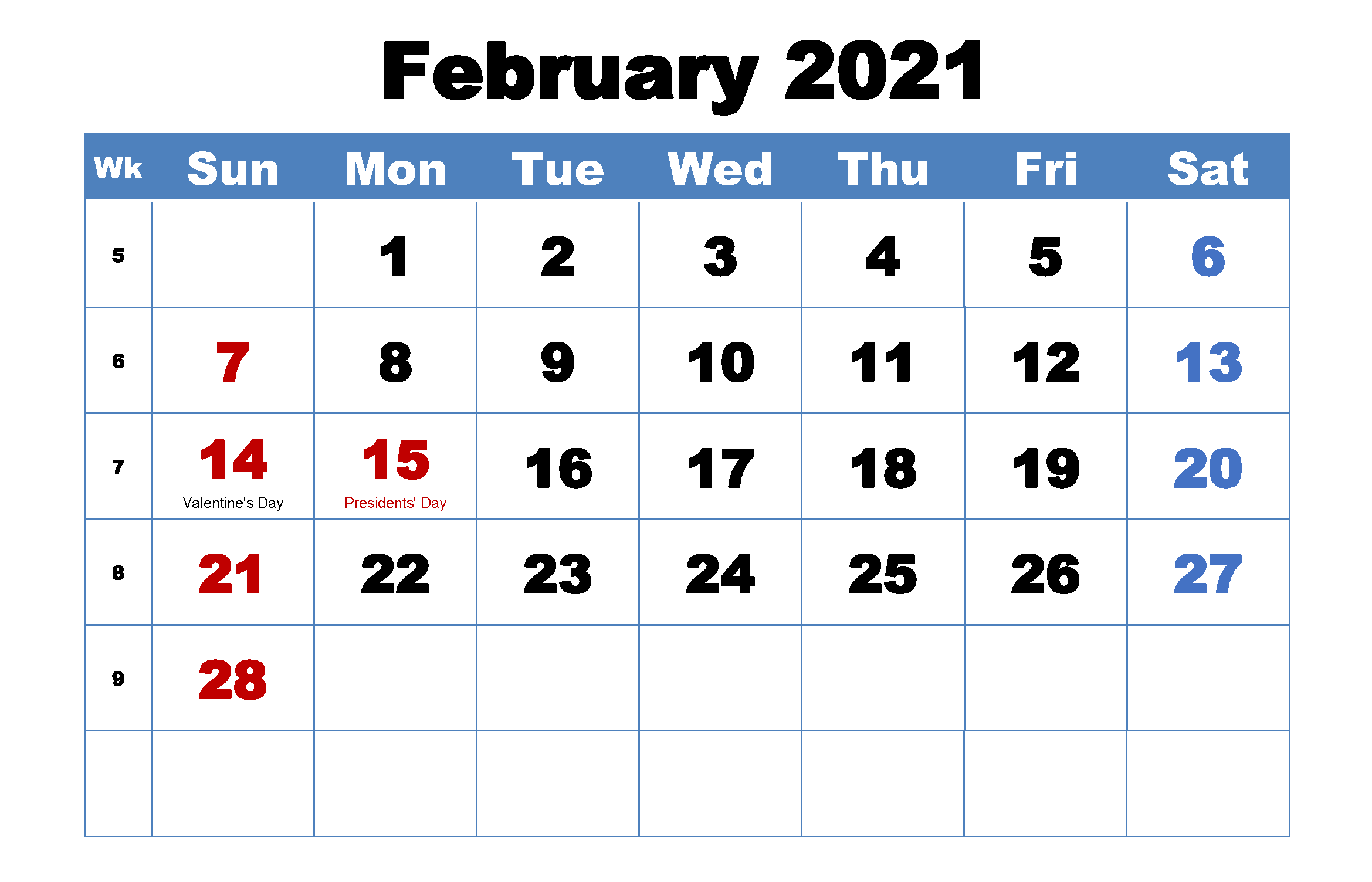 Cute February 2021 Calendar Template