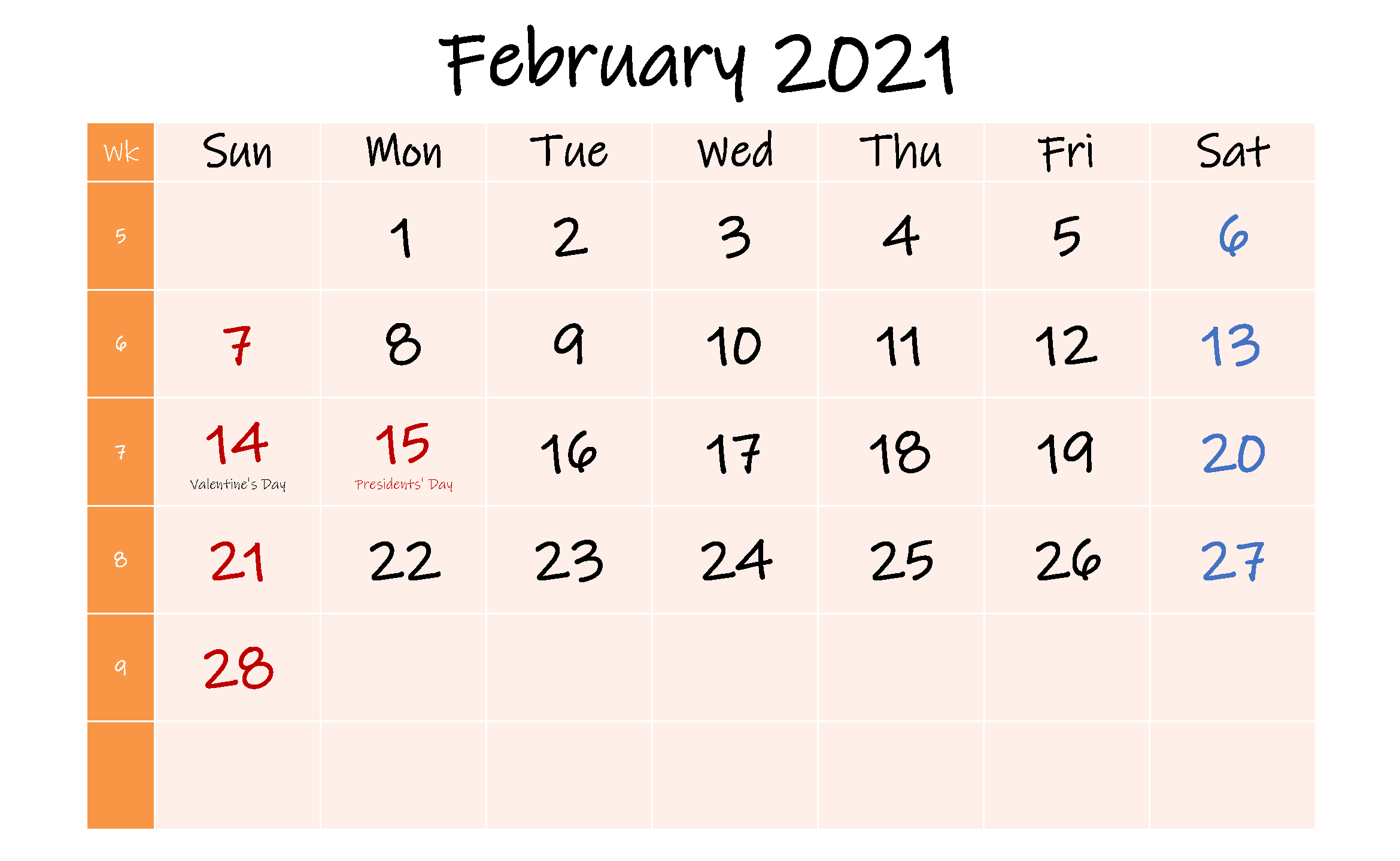 February 2021 Calendar Cute