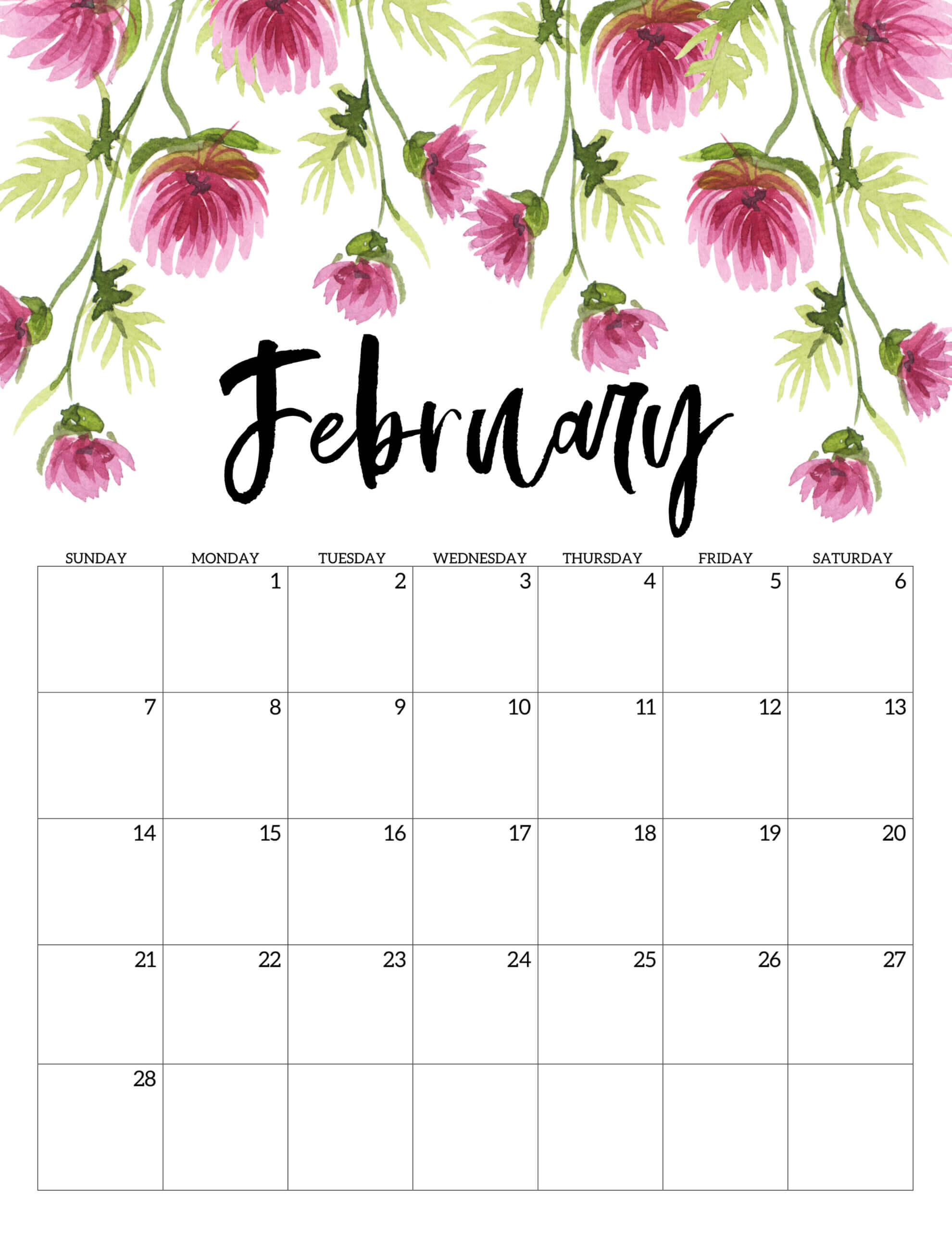 Floral February 2021 Calendar