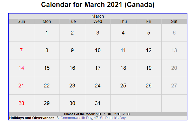 March 2021 Calendar Canada with Holidays