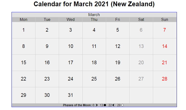 March 2021 Calendar New Zealand with Holidays