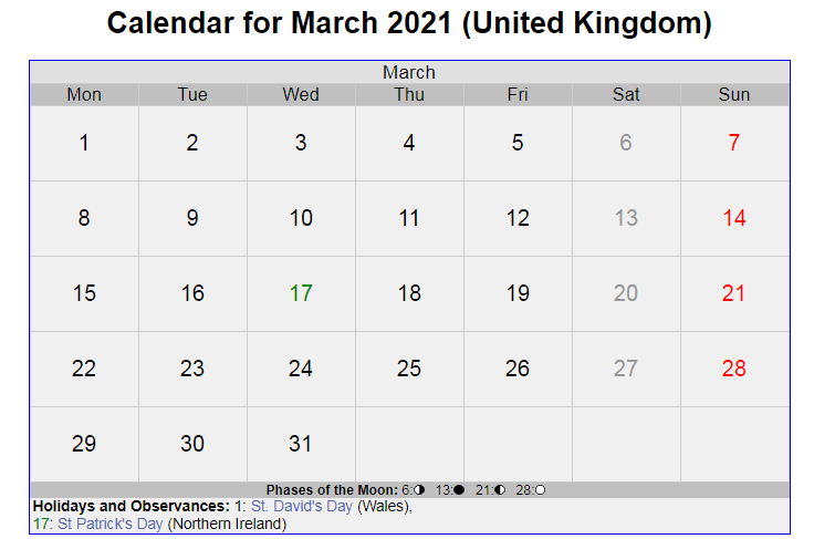 March 2021 Calendar United Kingdom with Holidays