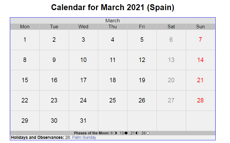 March 2021 Calendar with Holidays Spain