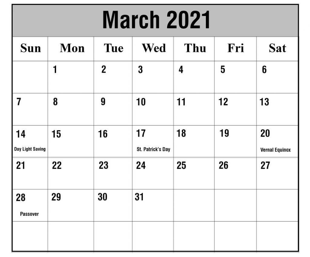 March 2021 Holidays Calendar Template
