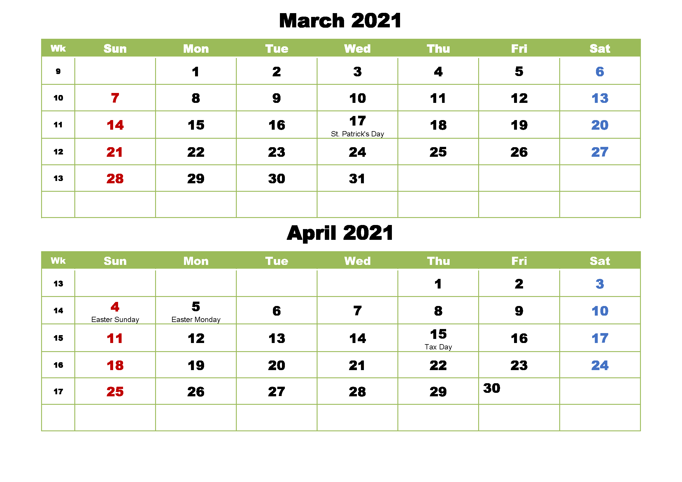 March April 2021 Holidays Calendar
