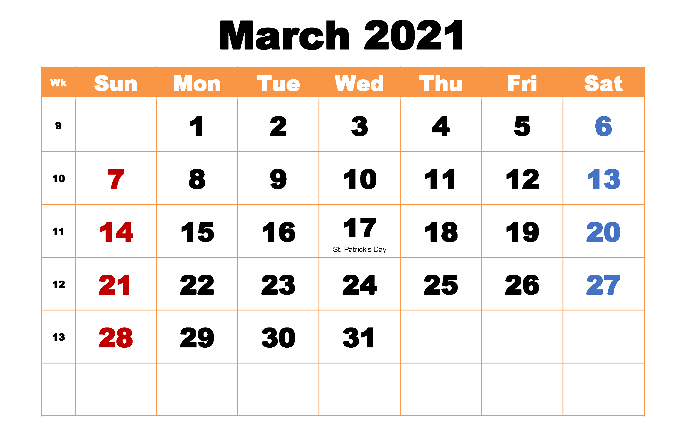Print March 2021 Calendar Template