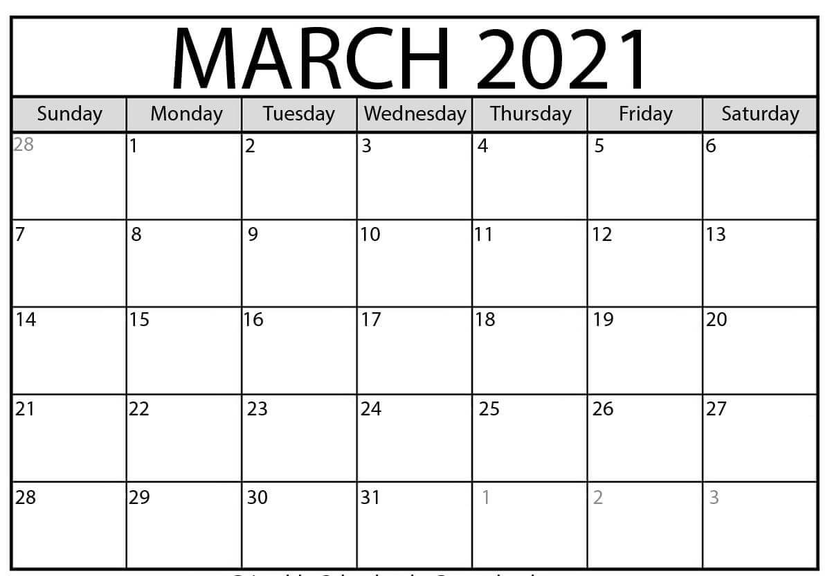 Printable Calendar Template March 2021