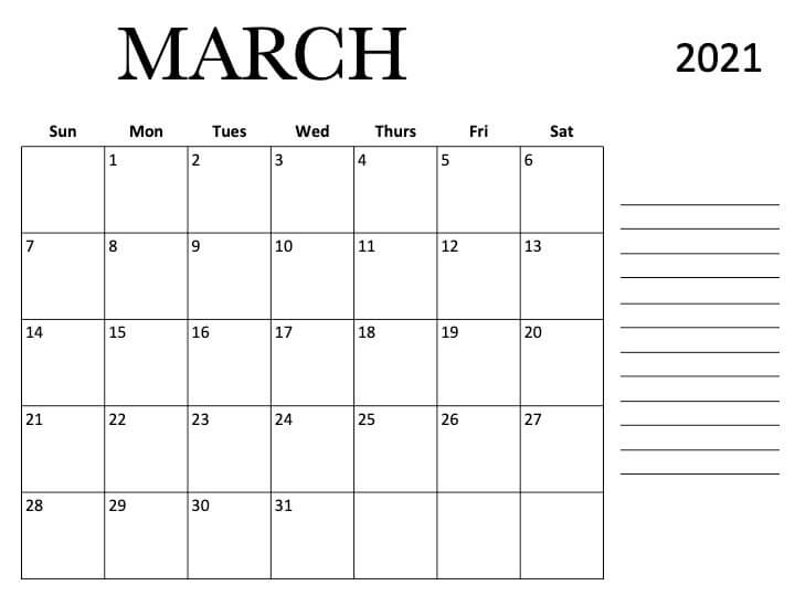 Printable March 2021 Calendar with Notes