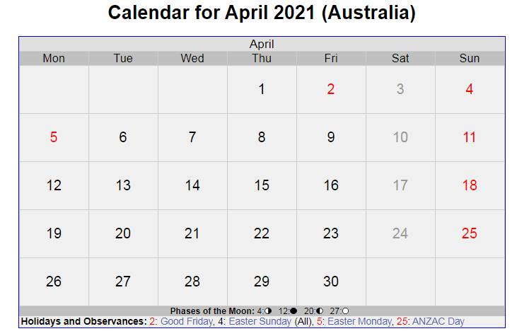 April 2021 Australia Holidays Calendar