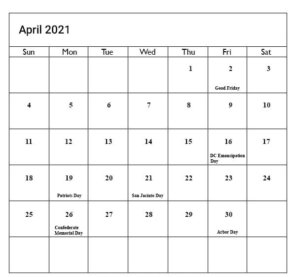 April 2021 Calendar Holidays