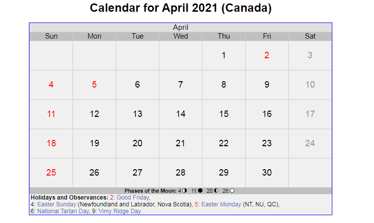 April 2021 Calendar with Holidays Canada