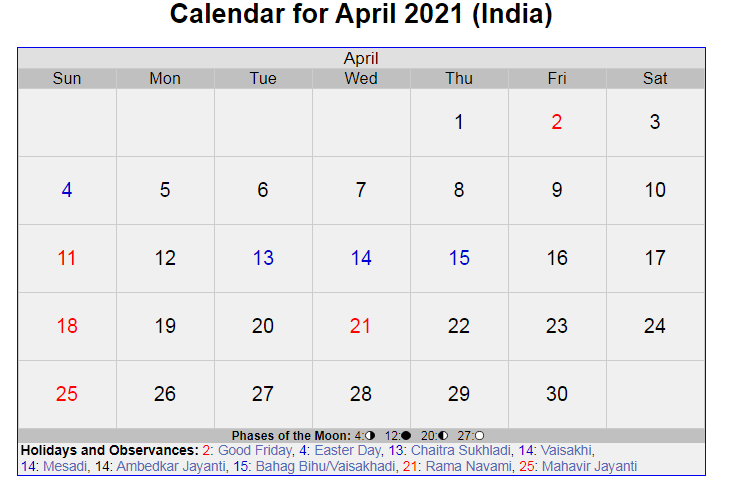 April 2021 Calendar with Holidays India