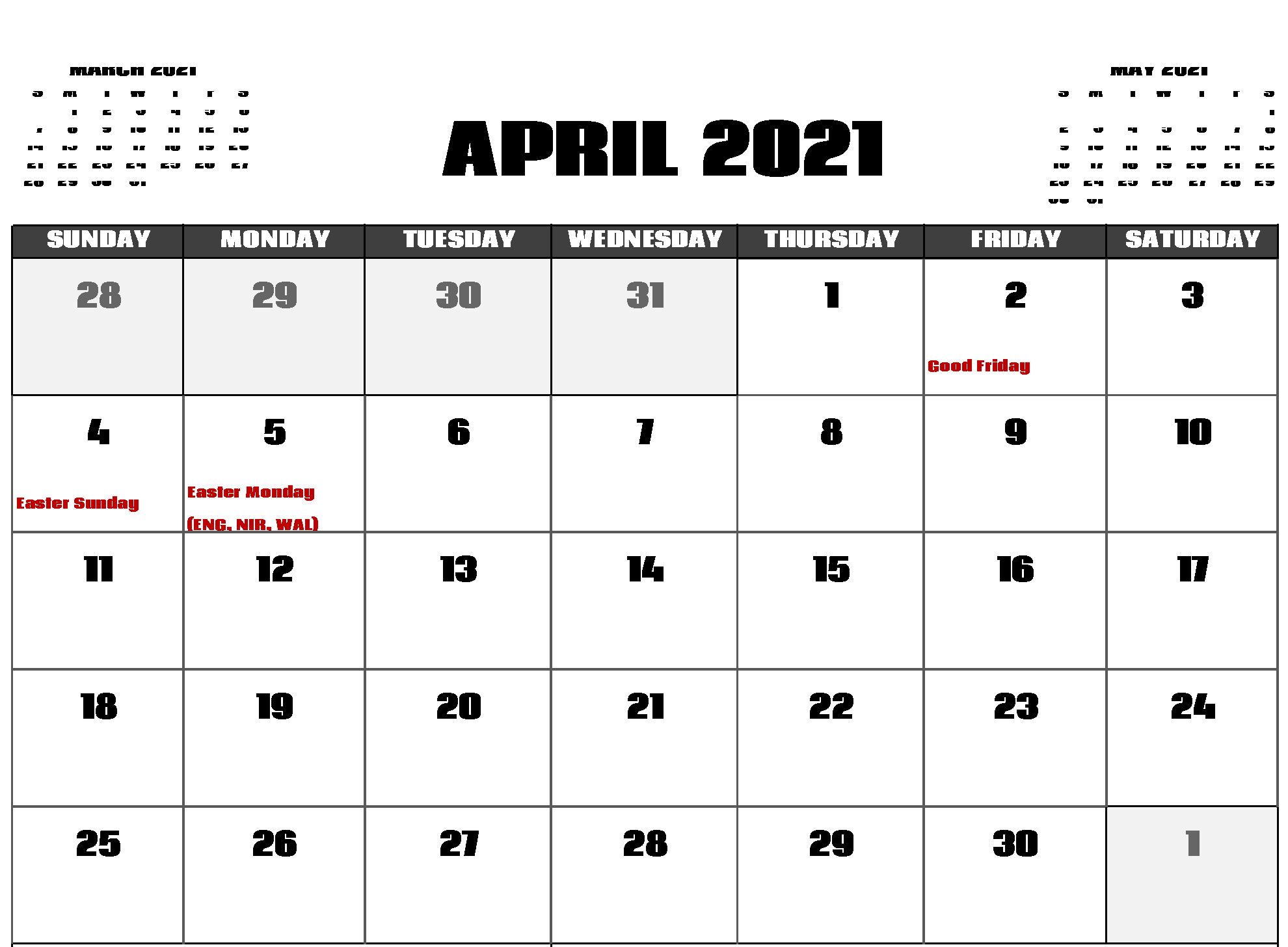 April 2021 Holidays Calendar Template