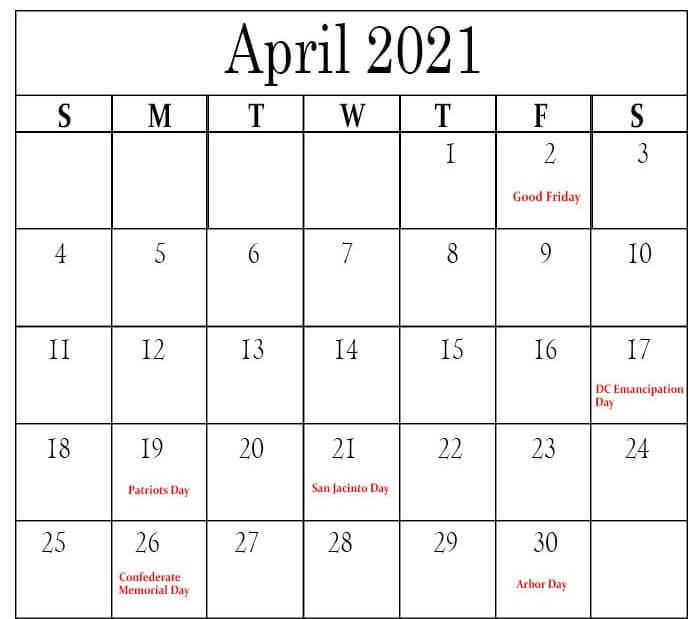 April 2021 Holidays Calendar