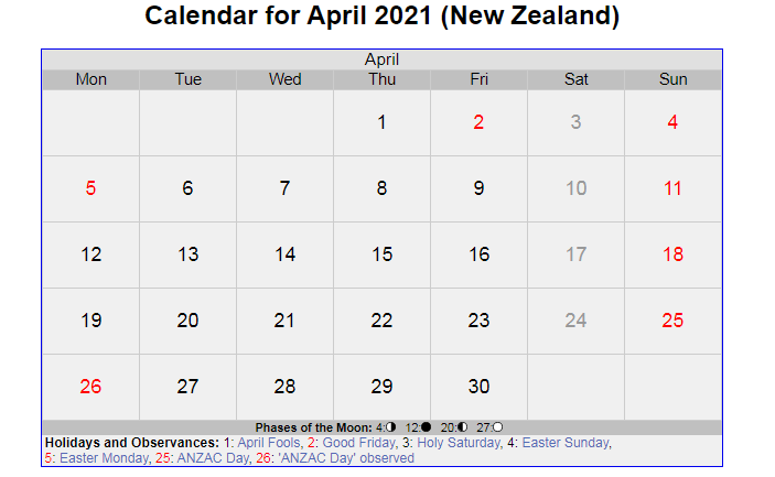 April 2021 New Zealand Holidays Calendar