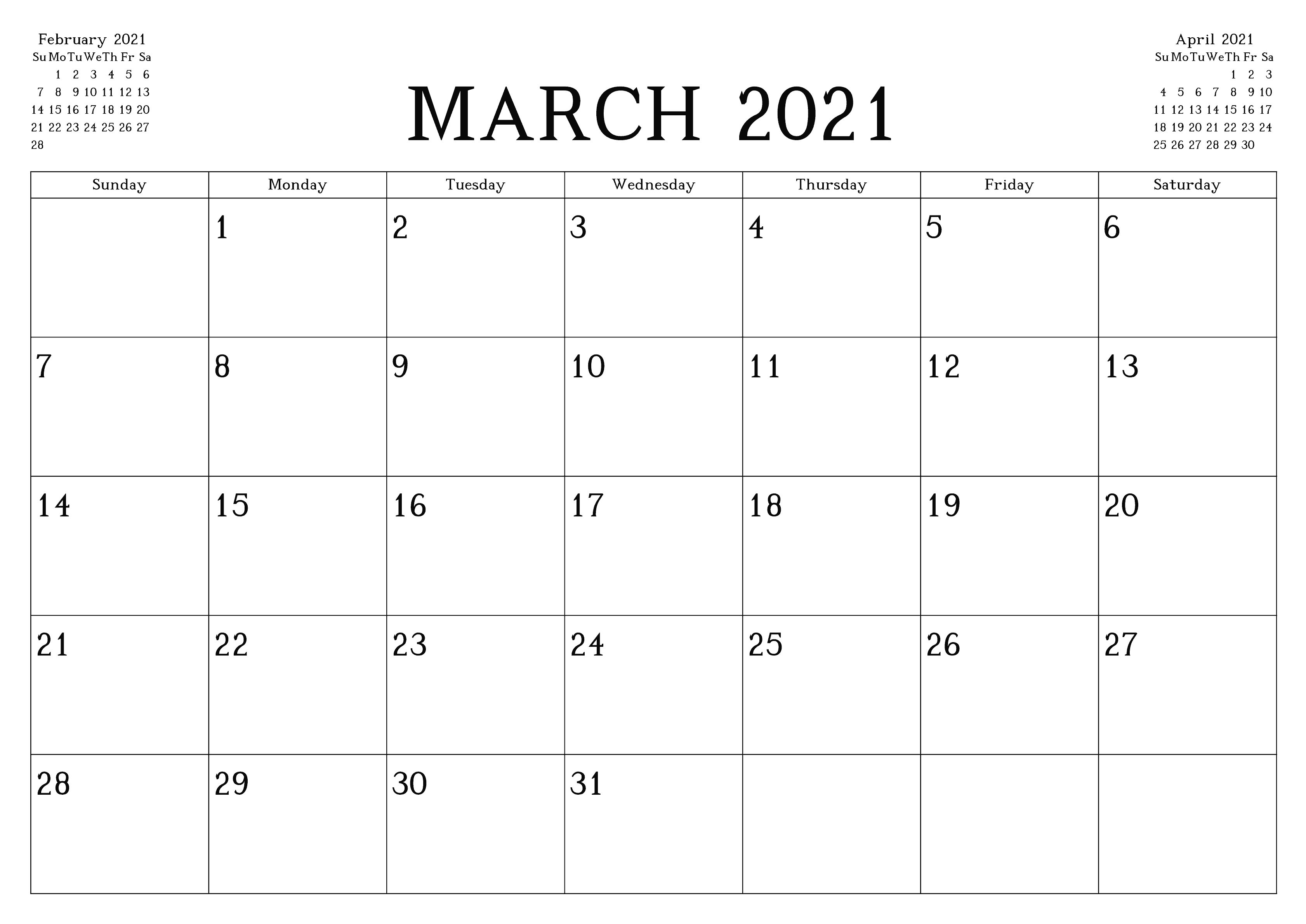 Blank Calendar March 2021 Printable