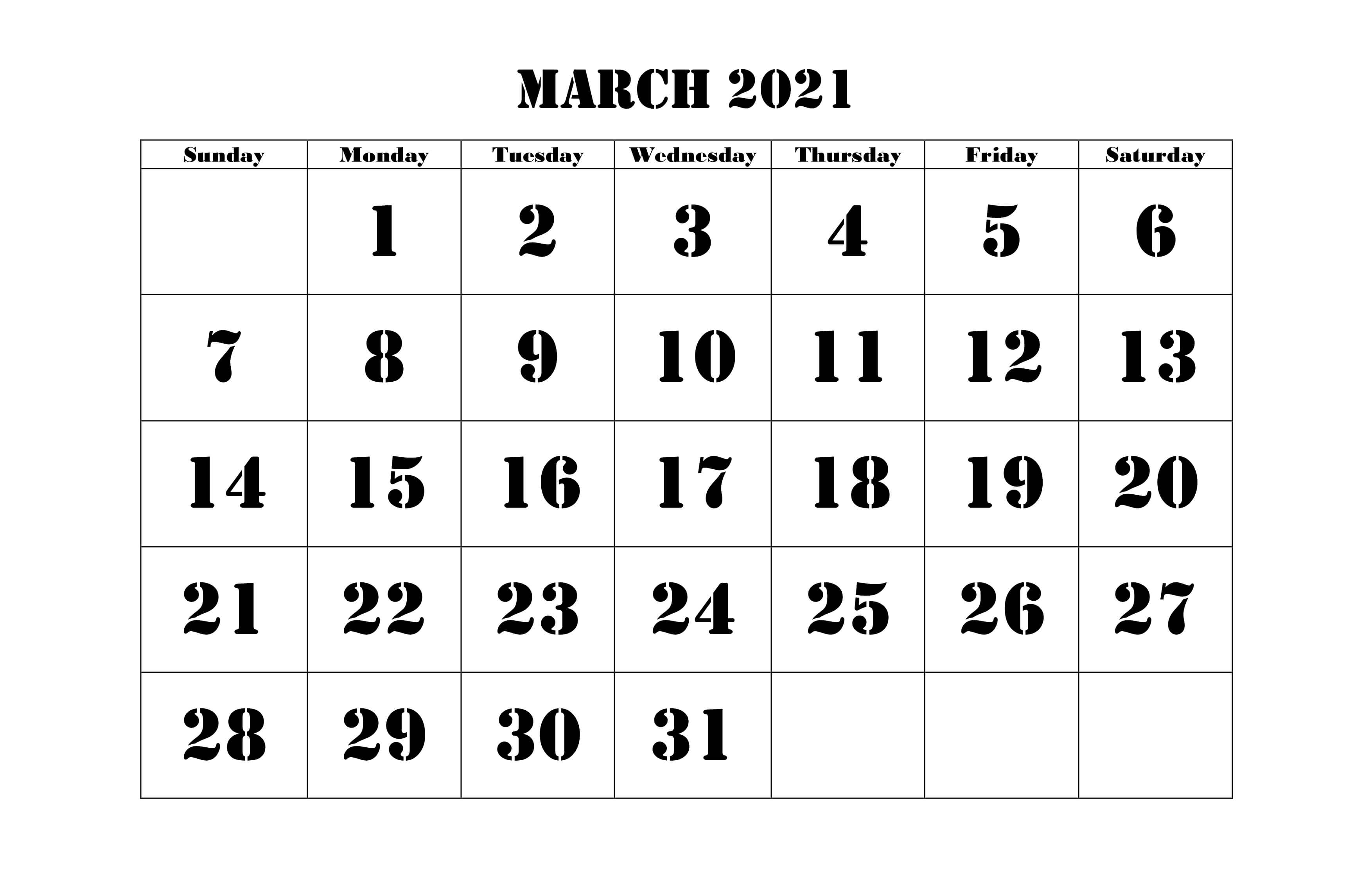 Blank Calendar Template March 2021