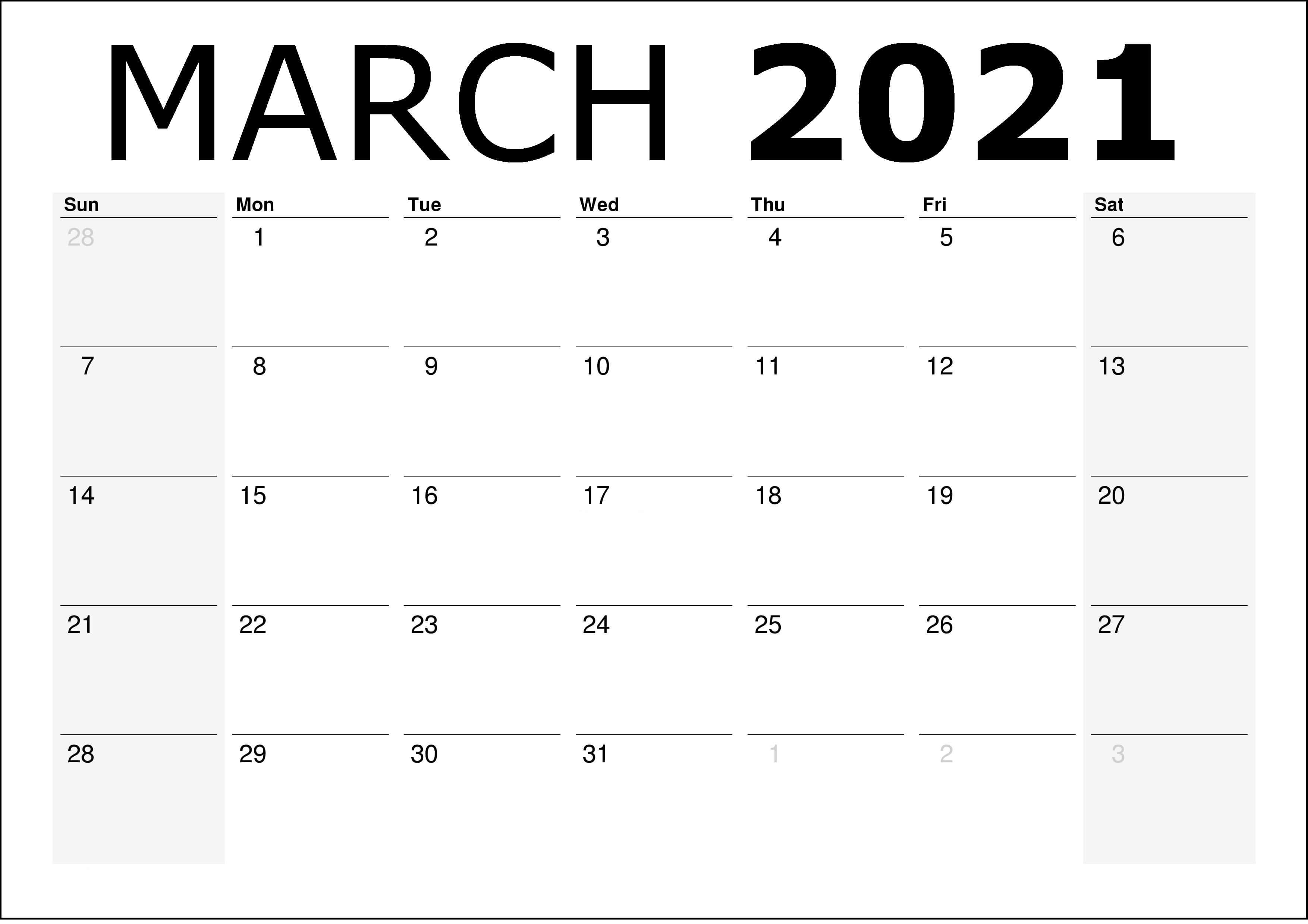 Blank Monthly Calendar March 2021