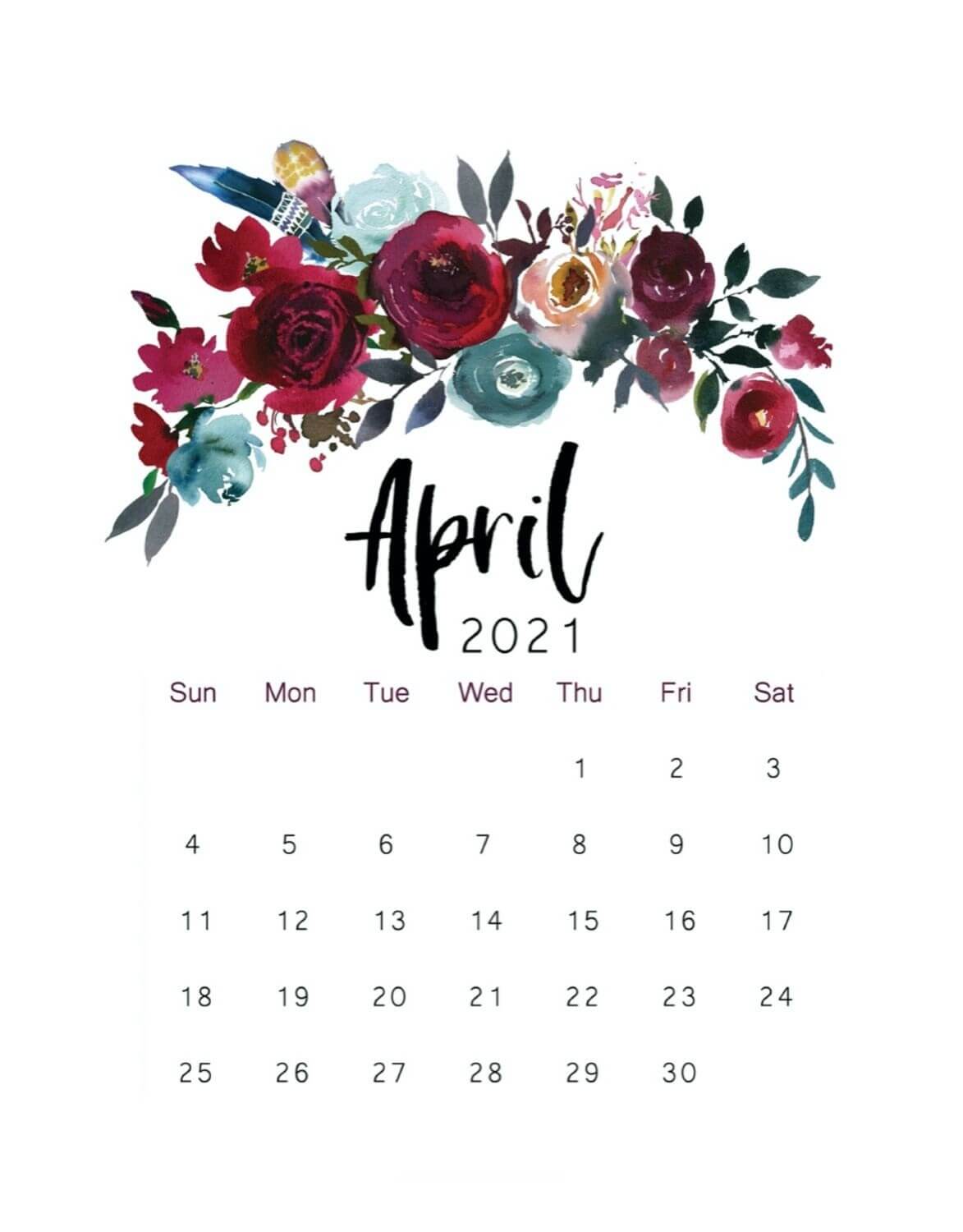 Cute April 2021 Floral Calendar
