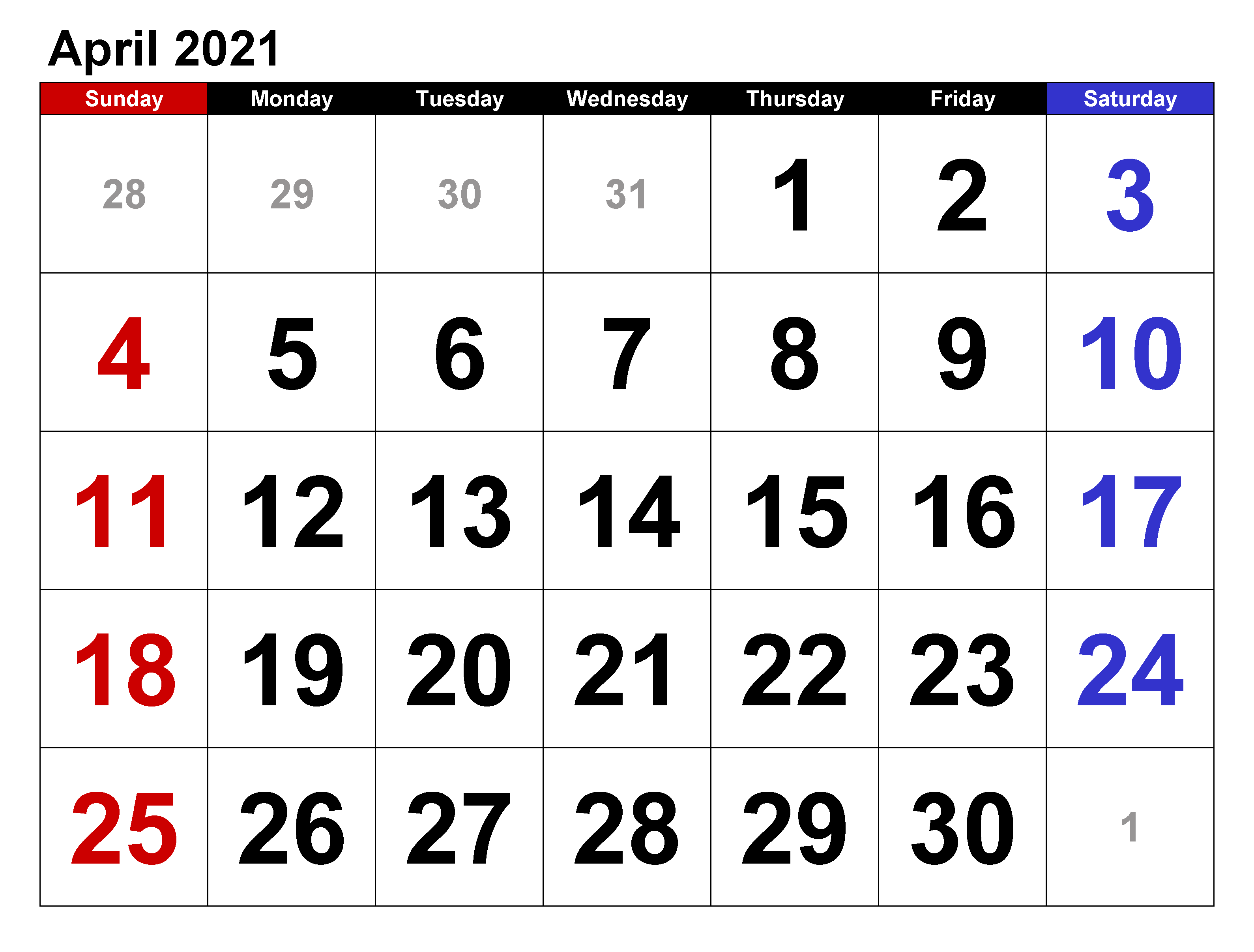 Editable Calendar Template April 2021