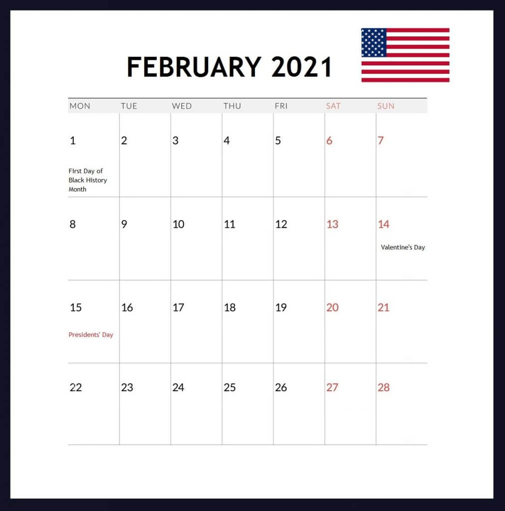 February 2021 USA Holidays Calendar