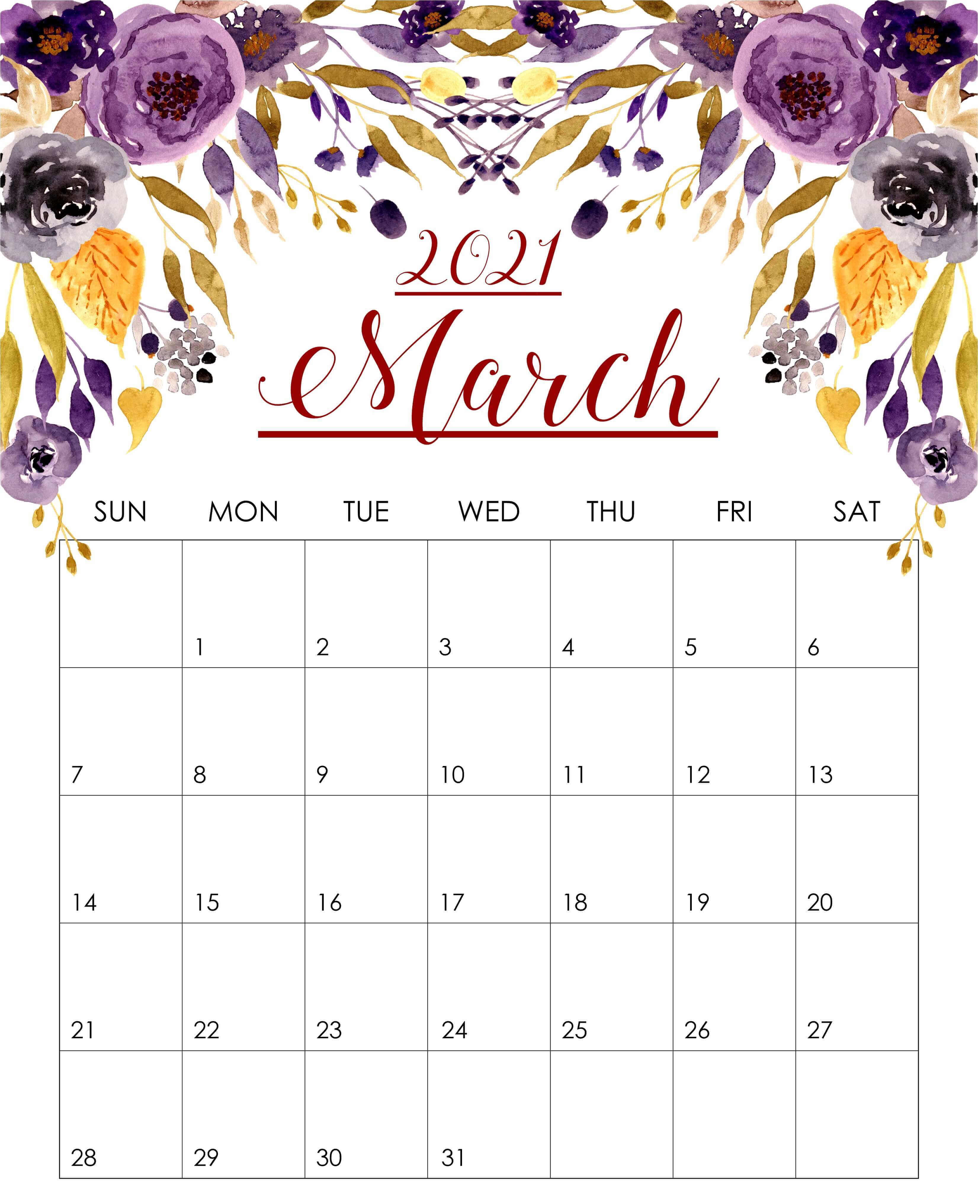 Floral March 2021 Calendar Blank