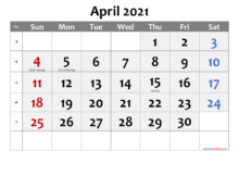 Holidays Calendar April 2021