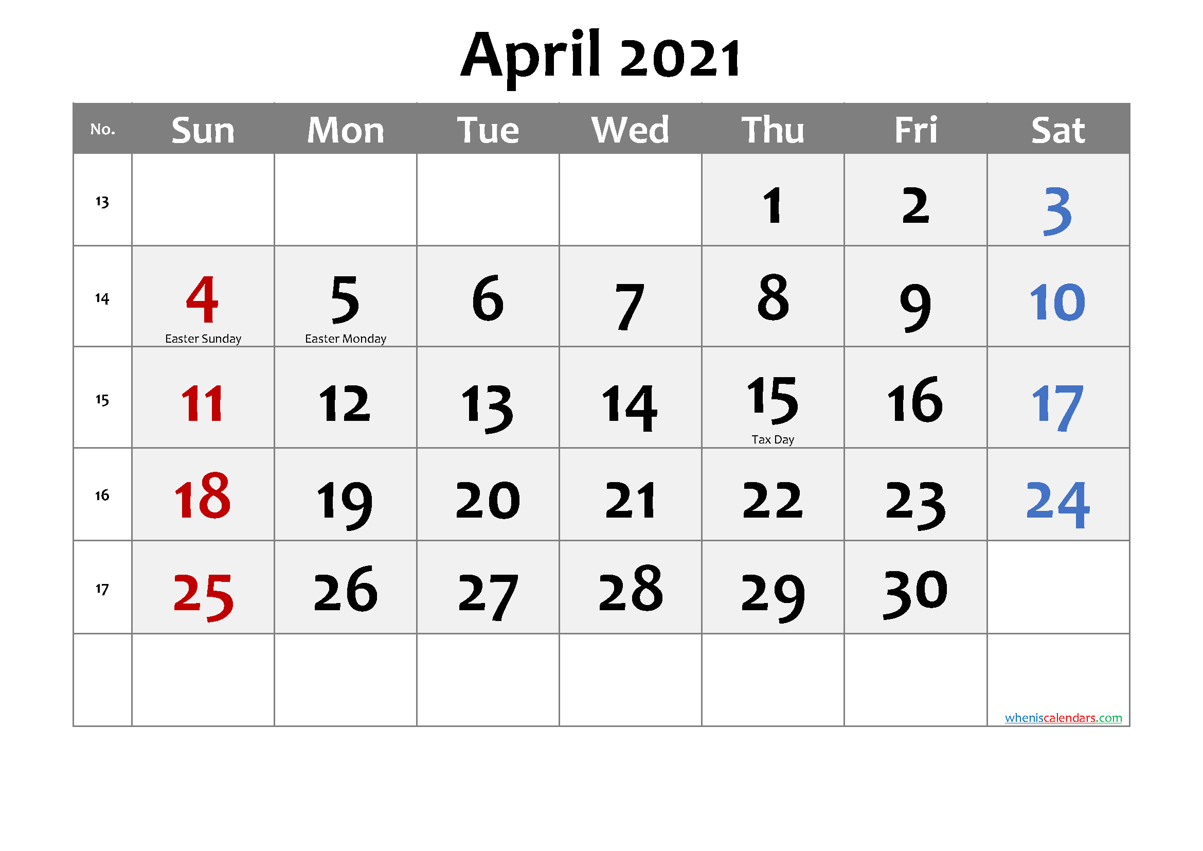 Holidays Calendar April 2021
