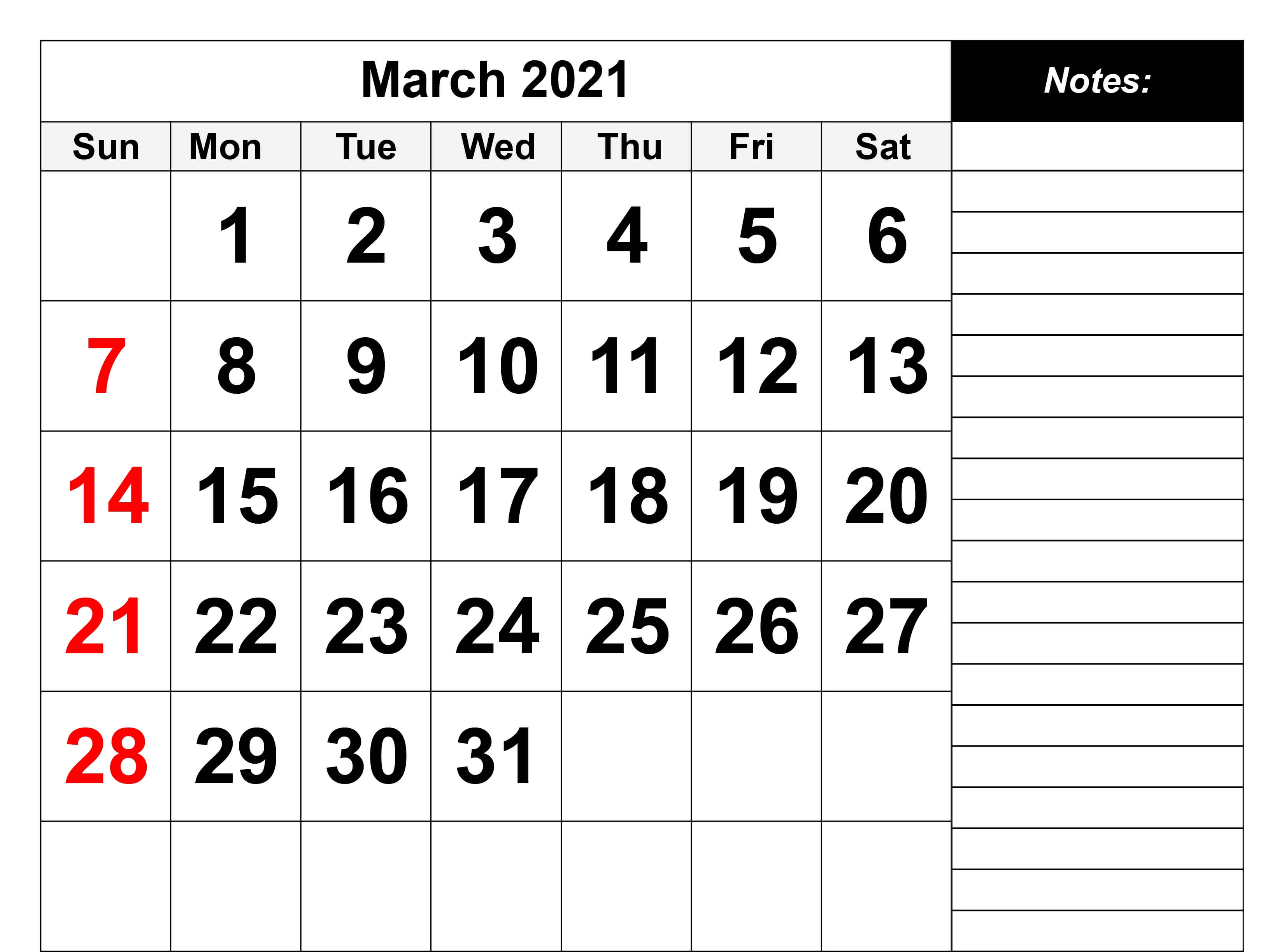 March 2021 Blank Calendar with Notes
