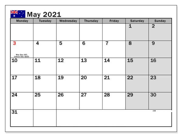 May 2021 Australia Holidays Calendar