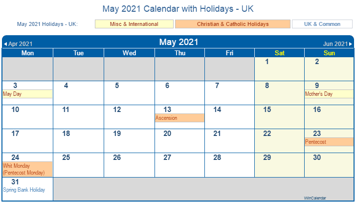 May 2021 Calendar with Holidays UK