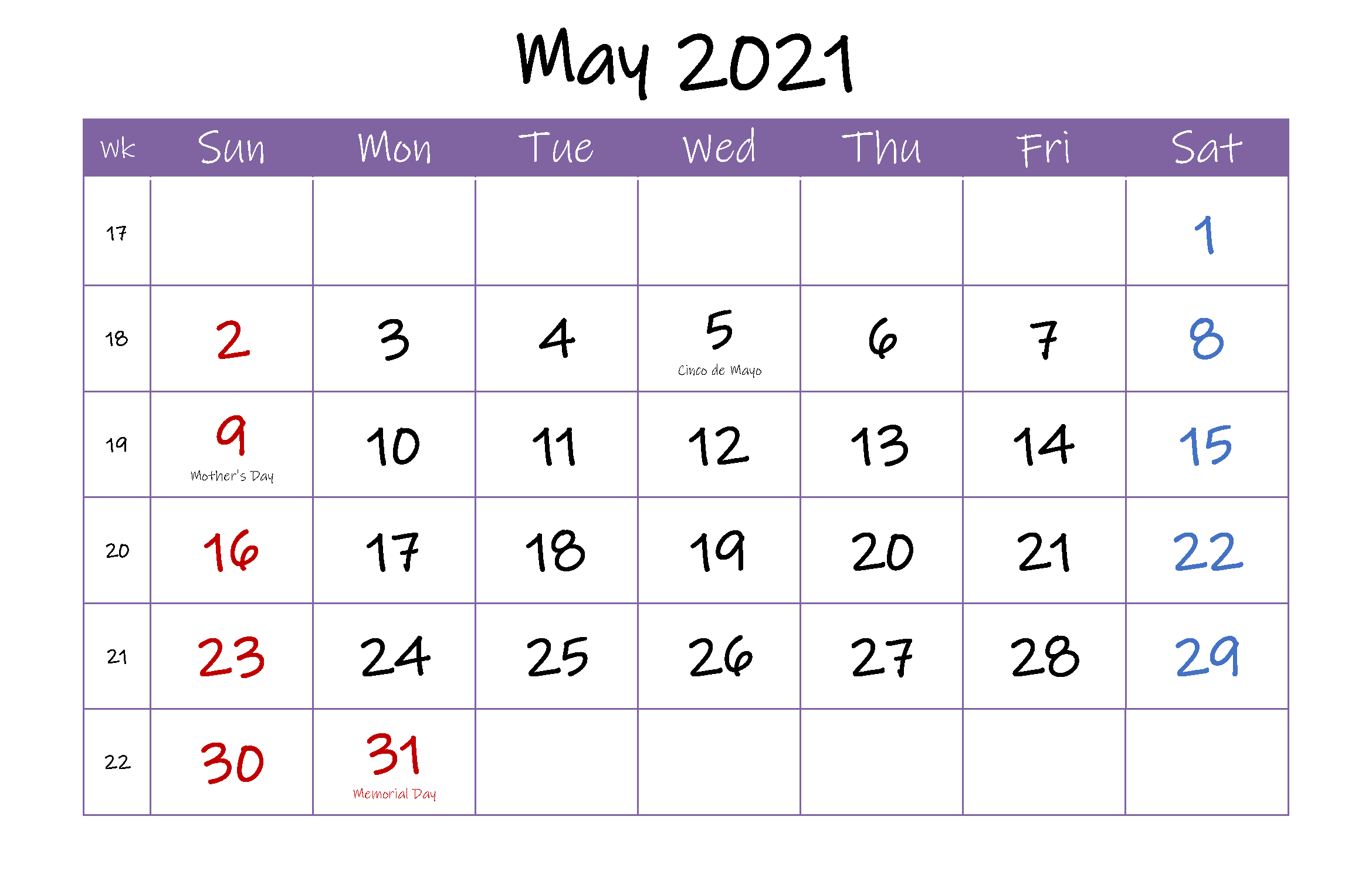 May 2021 Federal Holidays Calendar