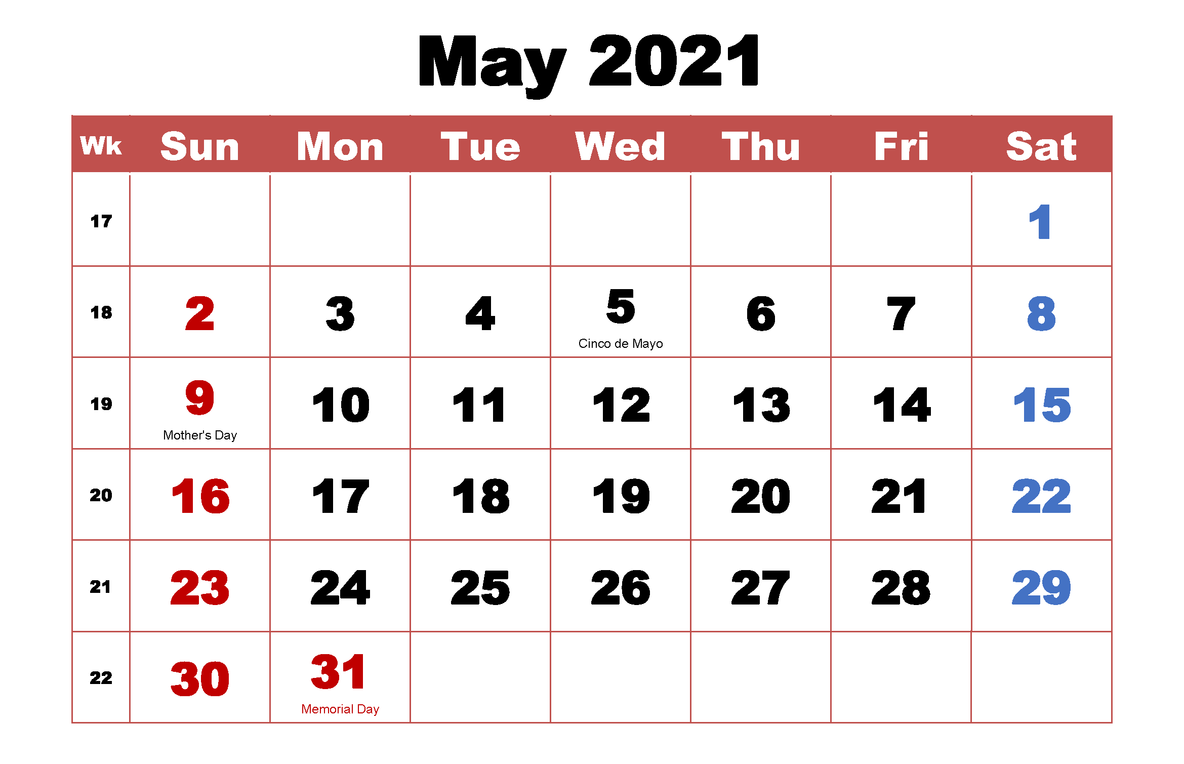 May 2021 Holidays Calendar Template