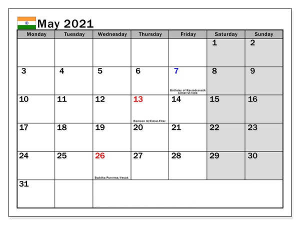 May 2021 India Holidays Calendar
