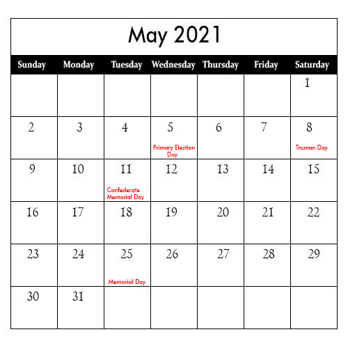 May 2021 Public Holidays Calendar