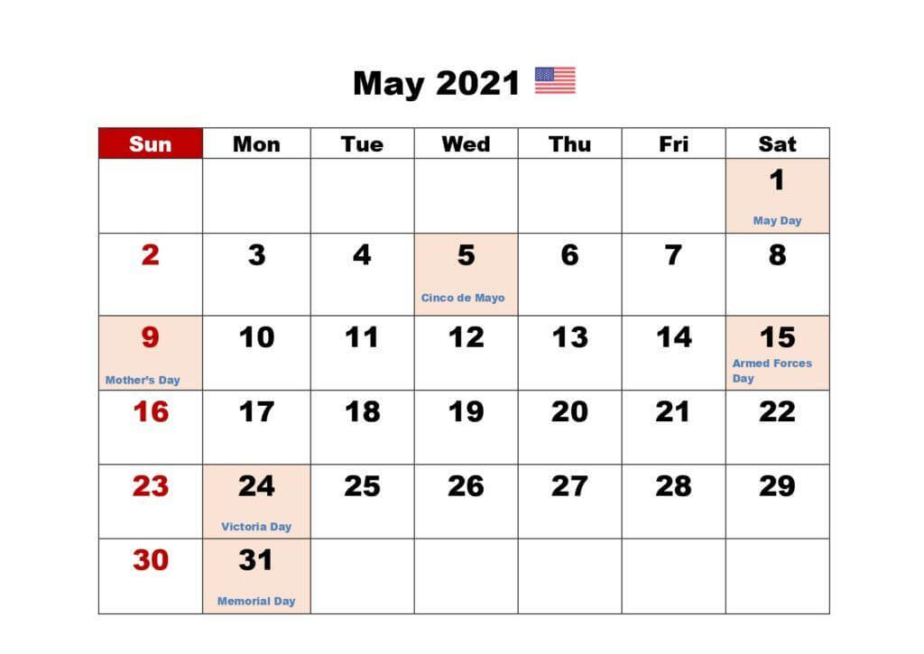 May 2021 USA Holidays Calendar