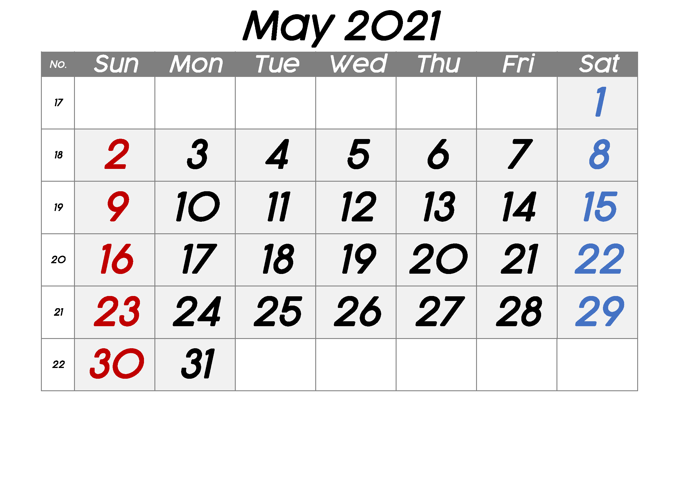 Blank Calendar For May 2021