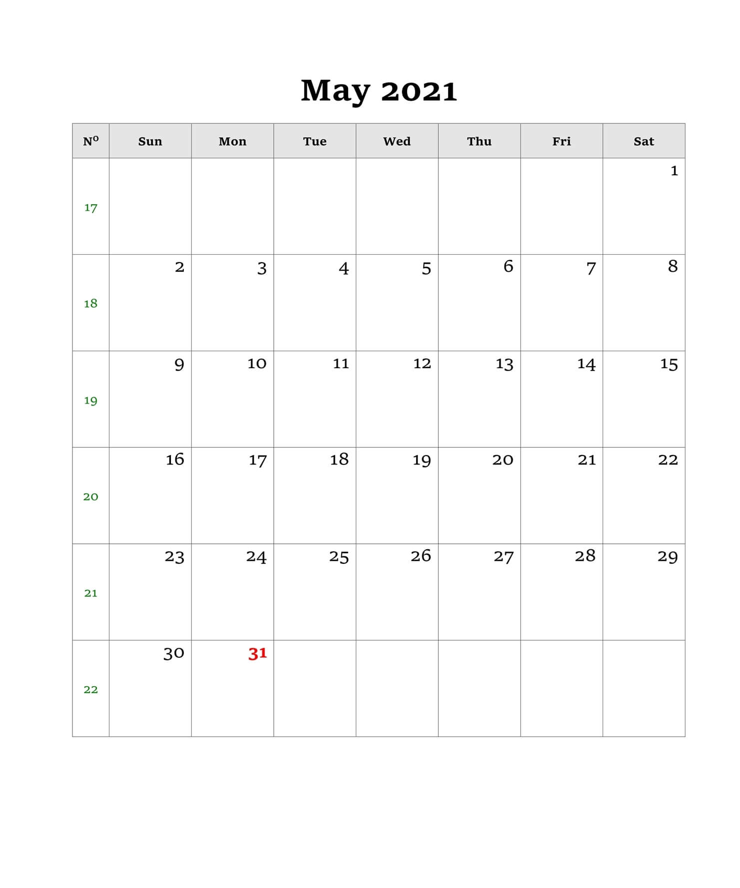 Blank Calendar May 2021