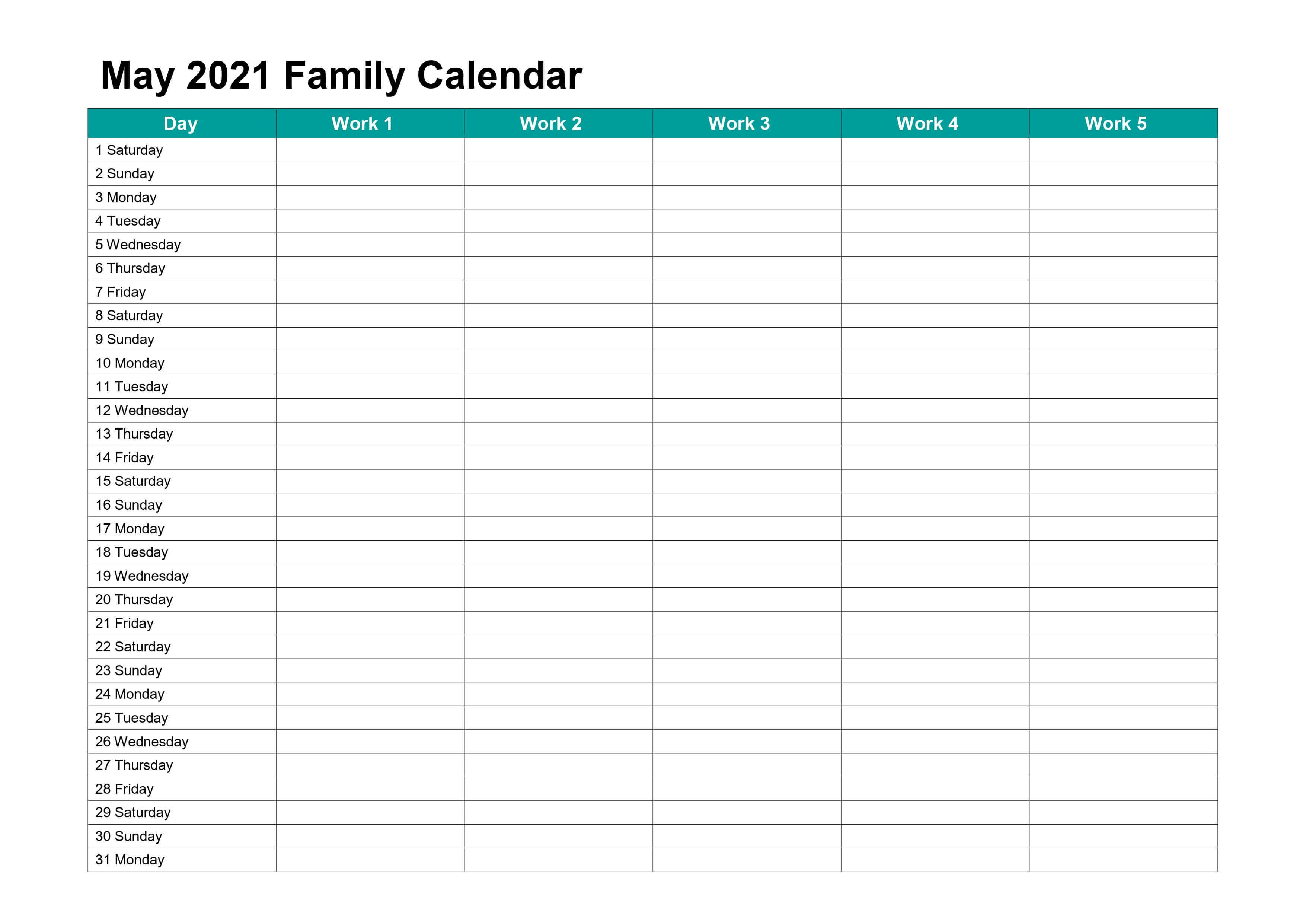 Blank May 2021 Family Calendar