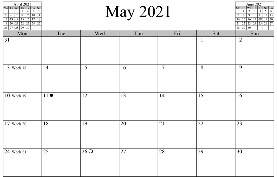 May 2021 Blank Calendar with Lunar Phases