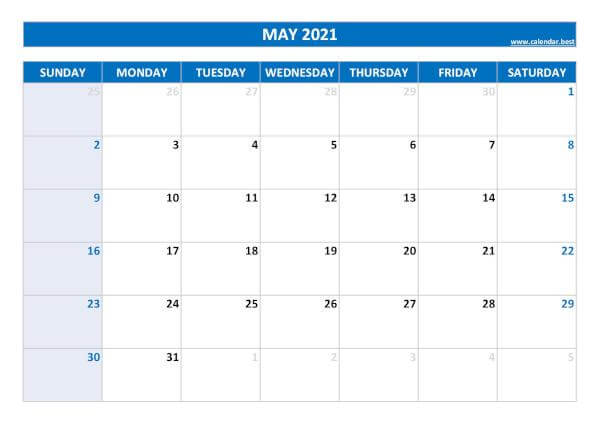 Monthly May 2021 Printable Blank Calendar