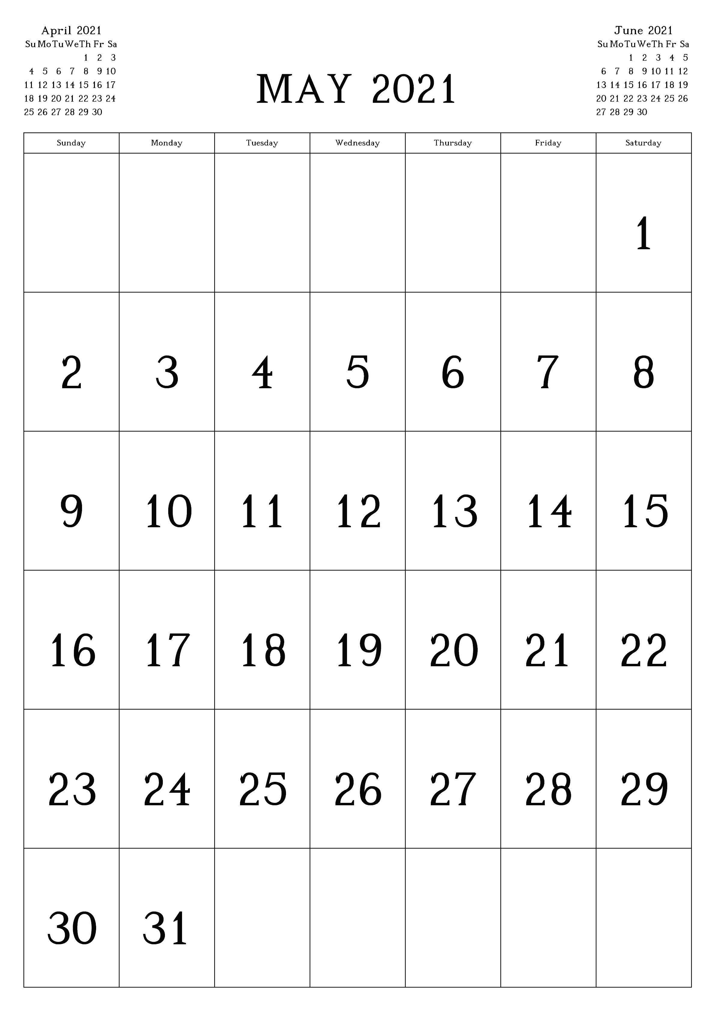 Print May 2021 Blank Calendar Portrait