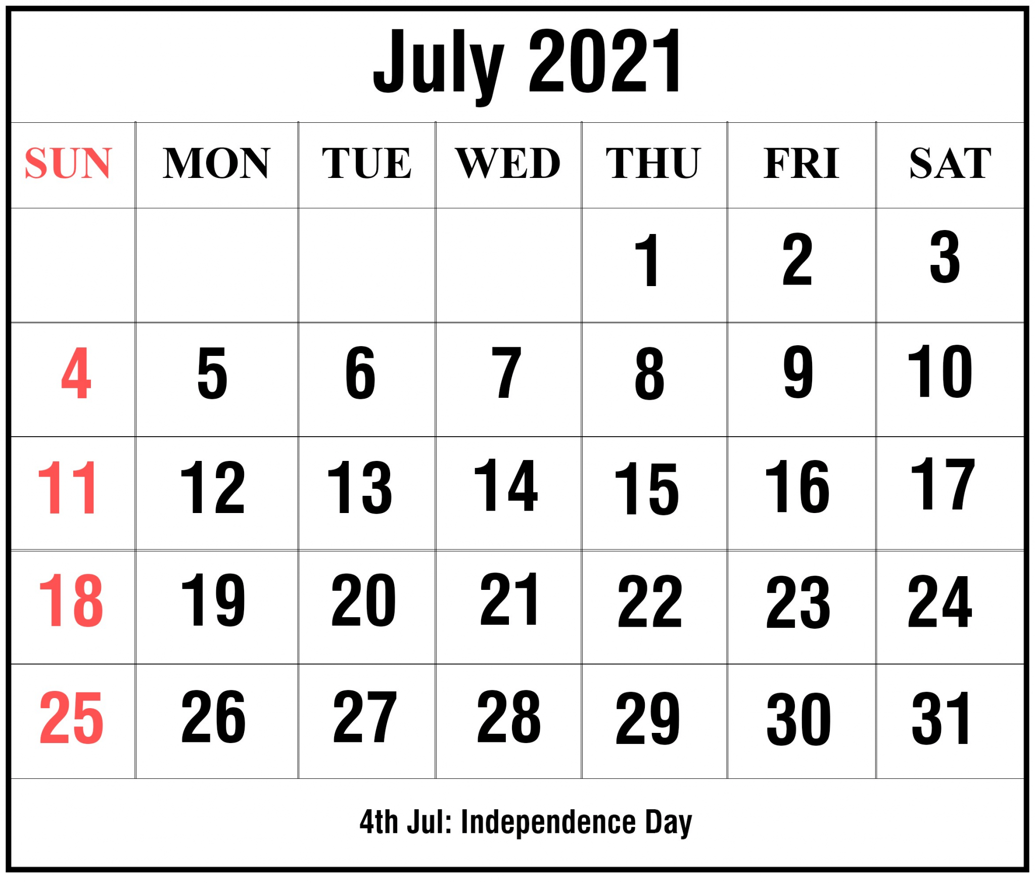 2021 July Calendar Editable with Holidays