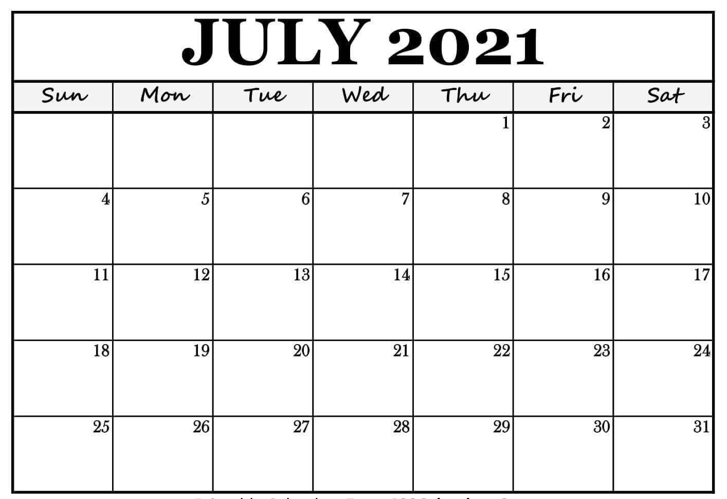 Blank July 2021 Calendar Printable Template