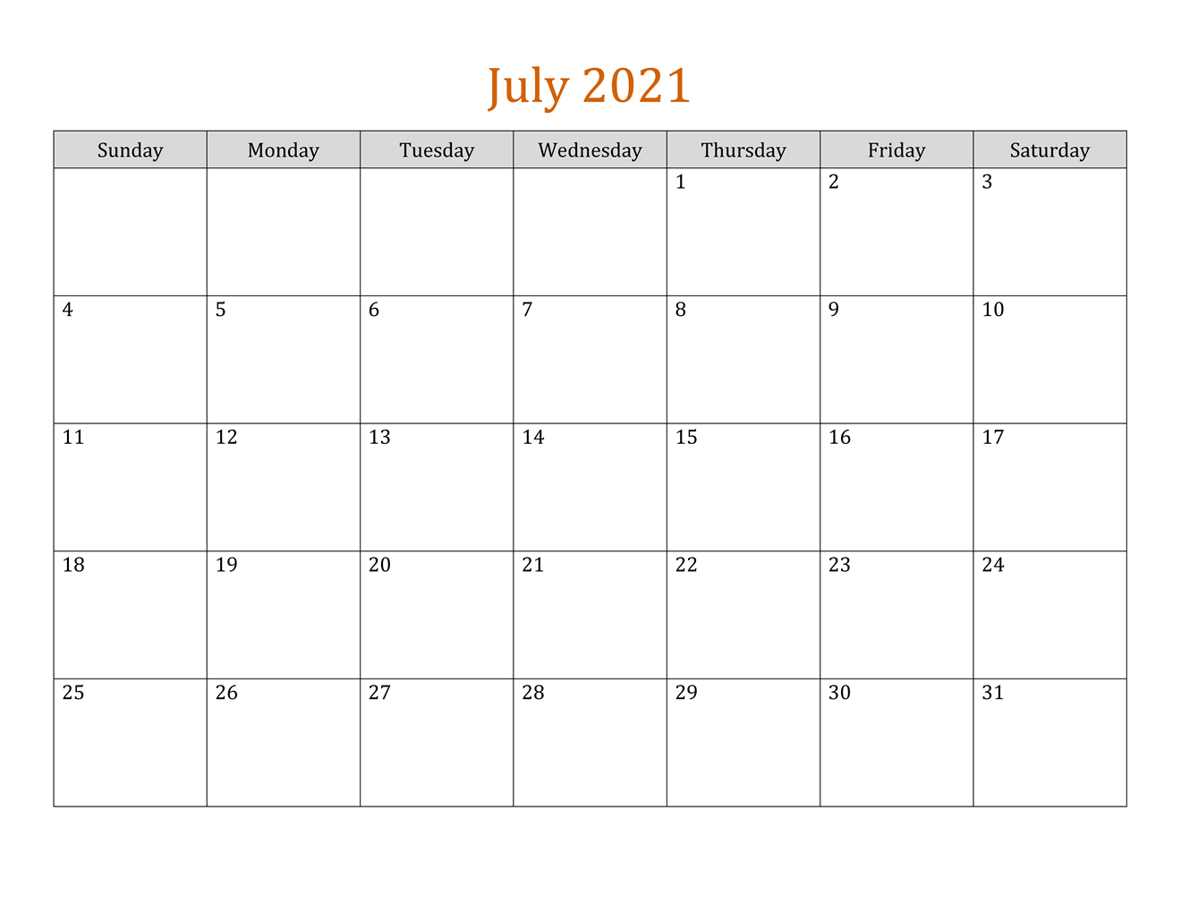 Blank July 2021 Editable Calendar