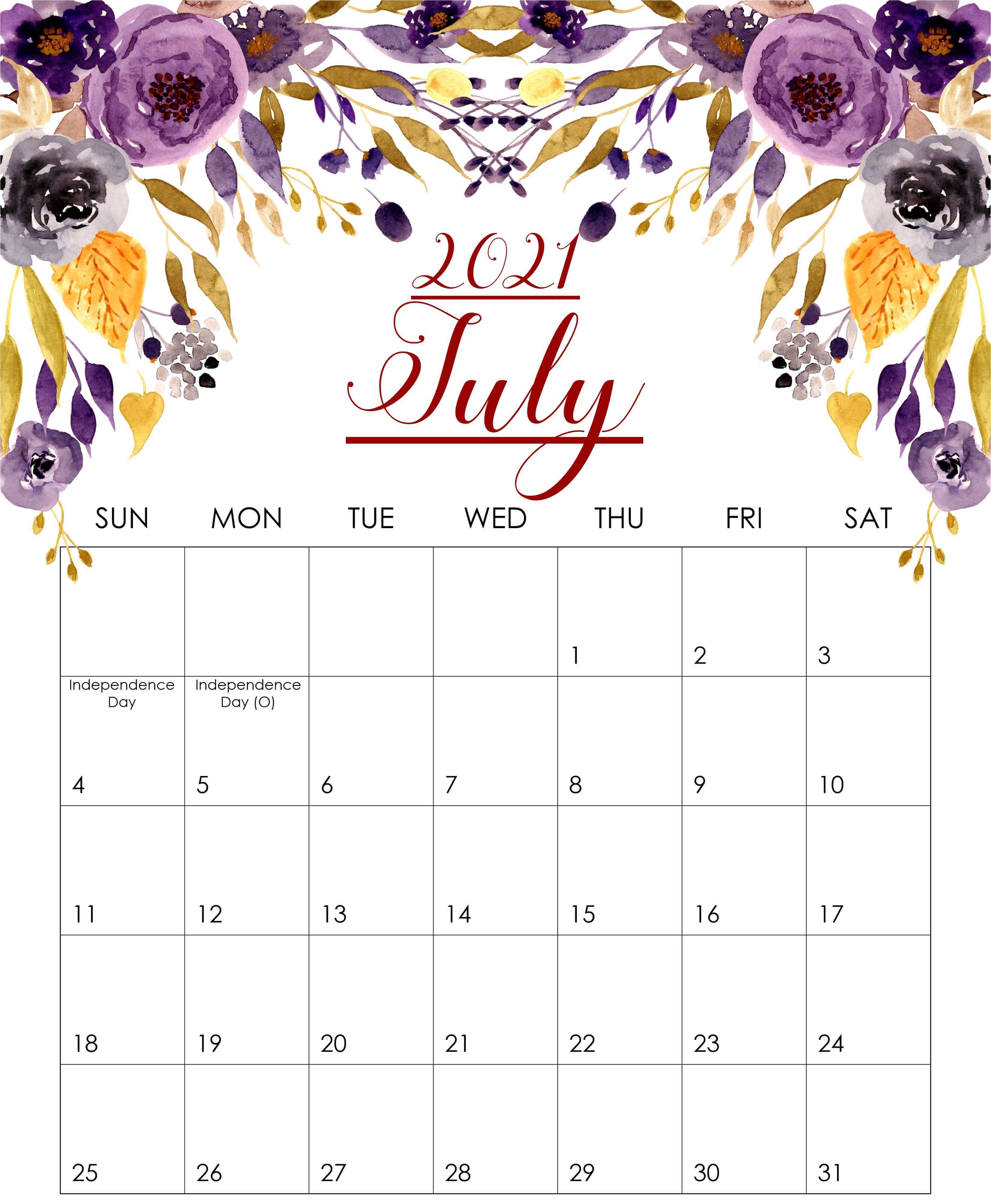 Blank July 2021 Editable Calendar